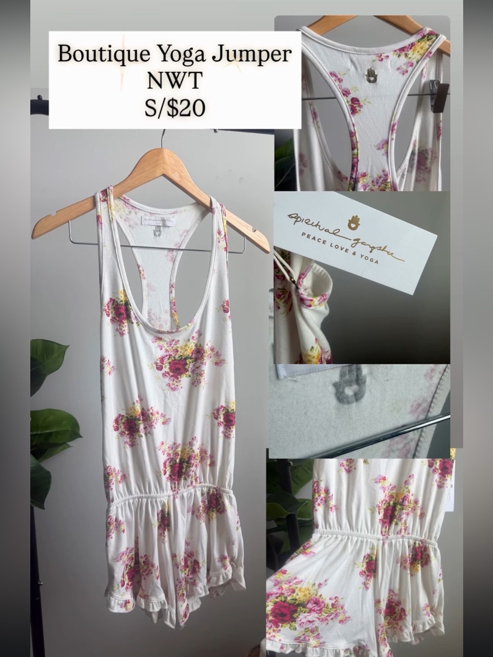 Spiritual Gangster White Floral Racerback Romper with Pink & Green Print